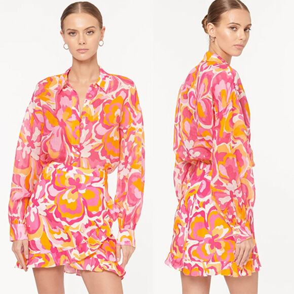 NWT Cami NYC Mika Ruffled Linen Retro Floral Pink and Orange Mini Skirt - Picture 1 of 8